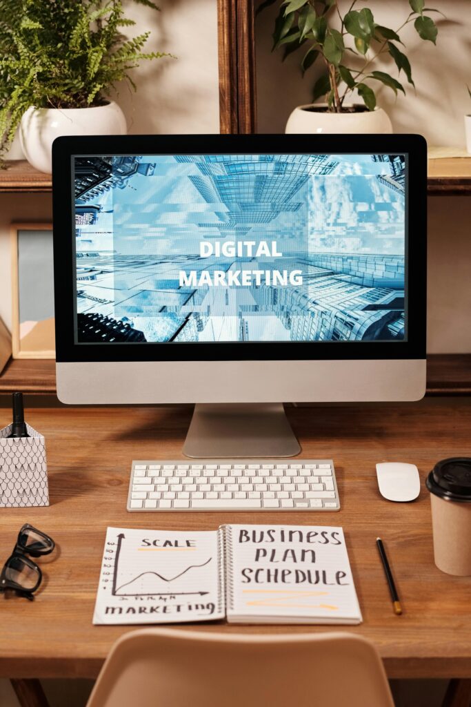 Torch symbol representing business growth and digital marketing success, with upward arrows and digital elements.”